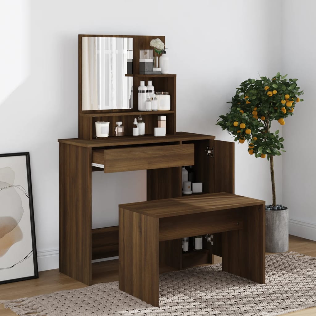 Schminktisch mit Spiegel im Schlafzimmer, Stauraum, Stauraum mit Tür, eine Schublade, zweistufiges Regal, 86,5x35x136 cm