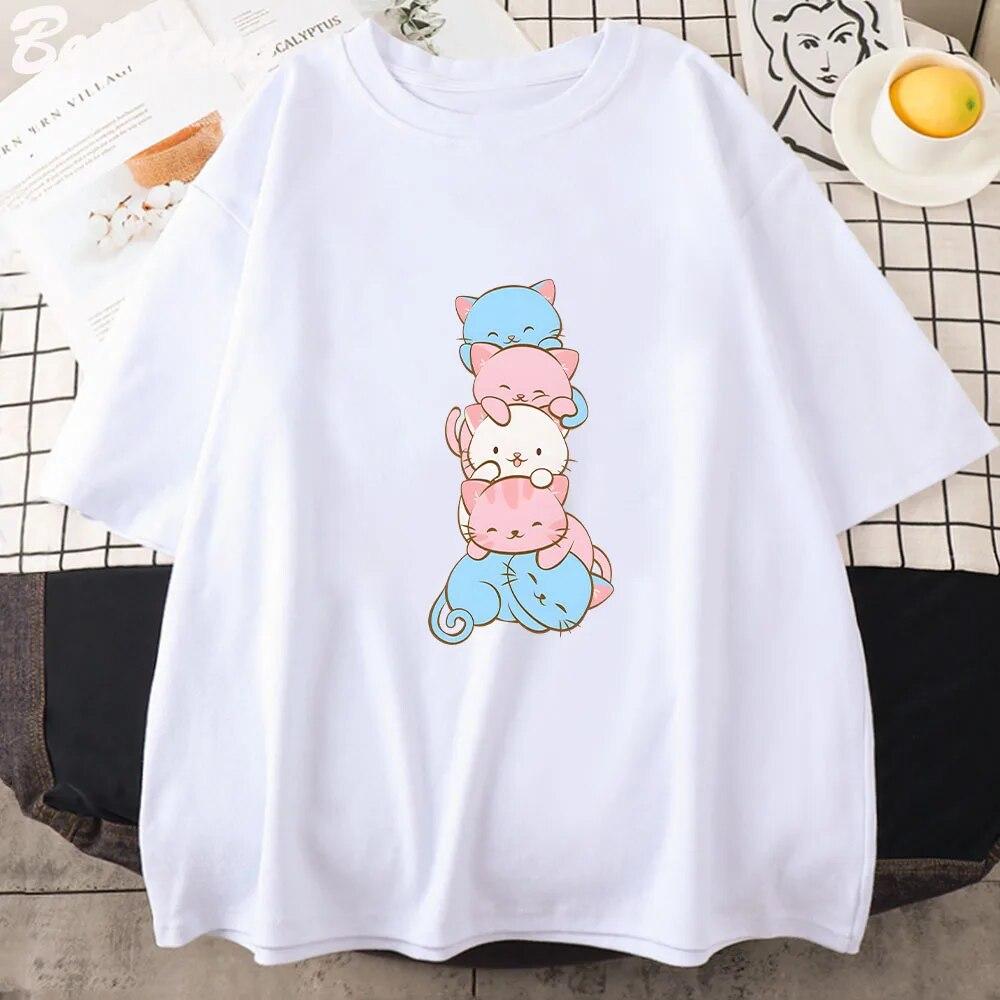 Transgender Pride Flag Cute Kawaii Cats Subtle LGBTQ Trans Pride T Shirts Summer Women's Short-sleeved T-shirts Harajuku Y2k Tee Unisex T-shirt