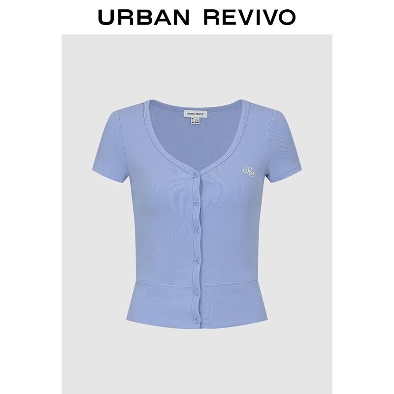 UR2026 Summer Women s Casual Textured Color-Block Embroidered V-Neck Short T-Shirt S