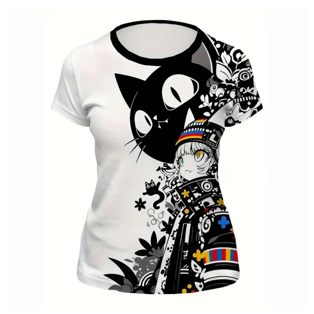 Women's T-Shirts Summer Casual Short Sleeve Tops Crew Neck Tee Fashion Streetwear Female Oversized Clothing Cartoon Cat T-Shirts