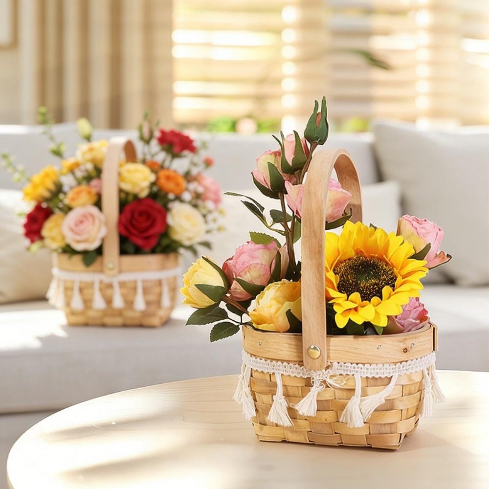 Mini Miniature Dollhouse Basket Handmade Tassel Style Hand Woven Basket DIY Paper Vine Handheld Flower Basket