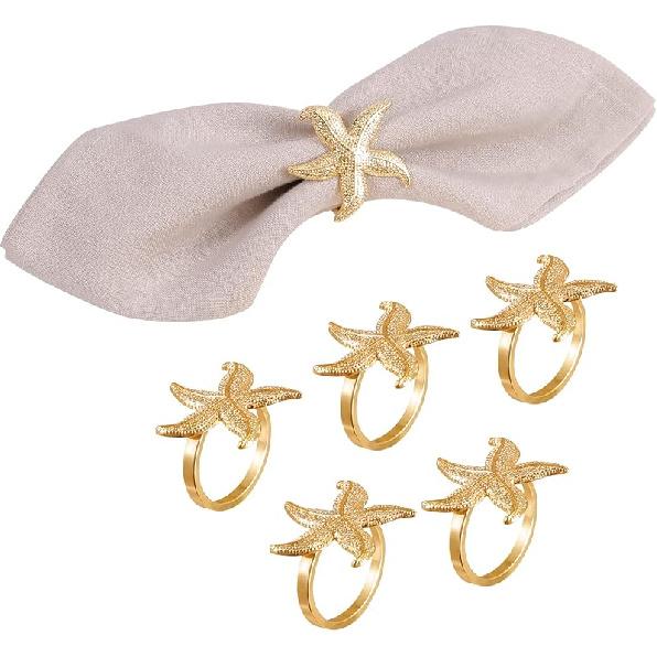 Crystal Starfish Napkin Rings - Set of 6 Rhinestone Coastal Nautical Napkin Ring Holders for Wedding Party, Beach/OceanTheme Dining Table Decoration золотистый