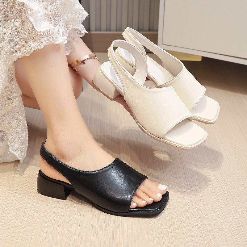 Summer cool slippers thick heel 2025 Rome new women's shoes square head black niche French retro sandals women