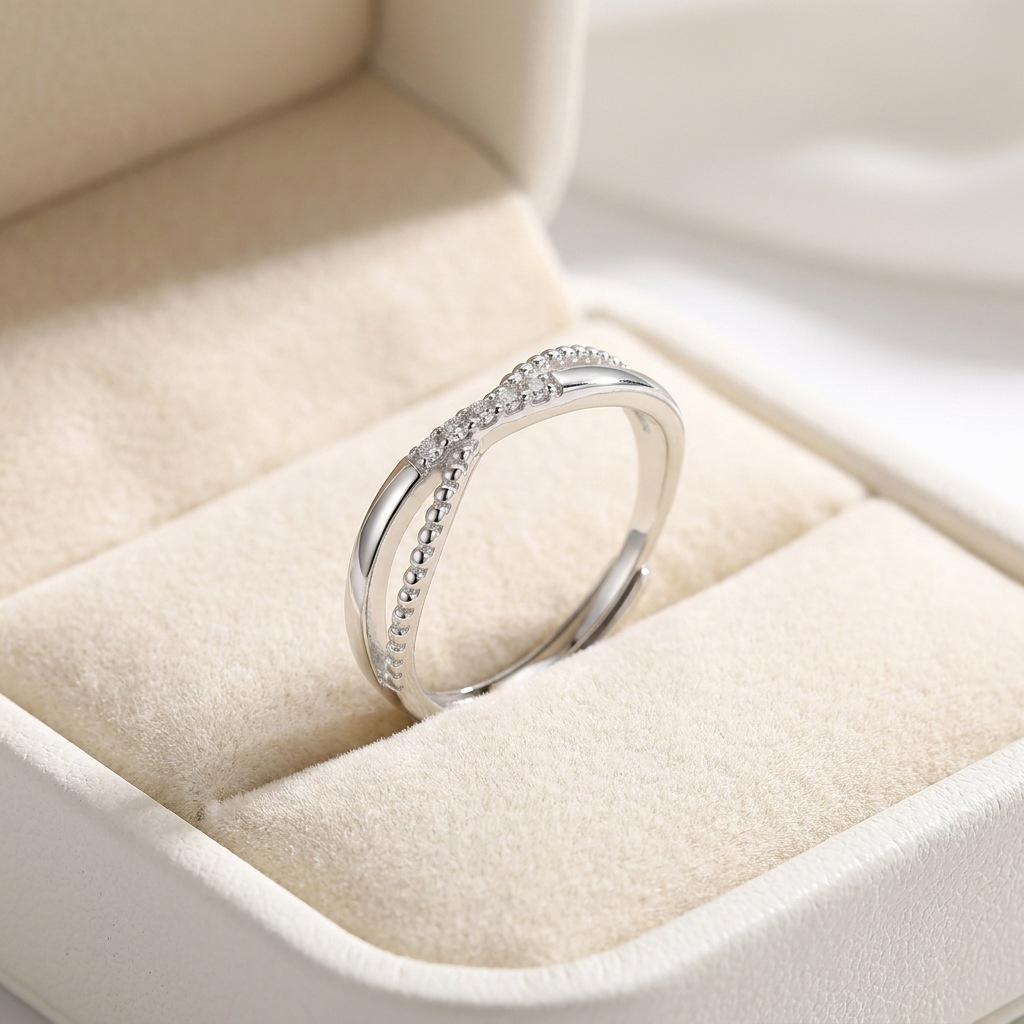 S925 Sterling Silver Open Adjustable Women's Ring with Rhinestones and Intertwined Rice Beads, Elegant Thin Style for Mature Commute.