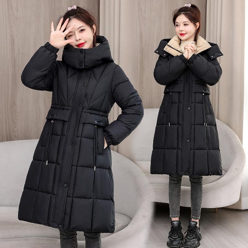 2025 winter new waist medium and long knee cotton-padded clothes fashion thin cotton clothes hooded jacket tide
