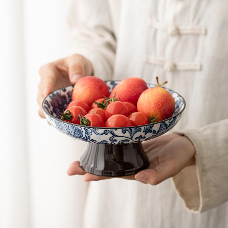 Retro Blue and White Chinese Refreshments Tray Tall Fruit Tray Small Dish Chinese Snacks Snacks Dried Fruit Bowl Ceramic Tray