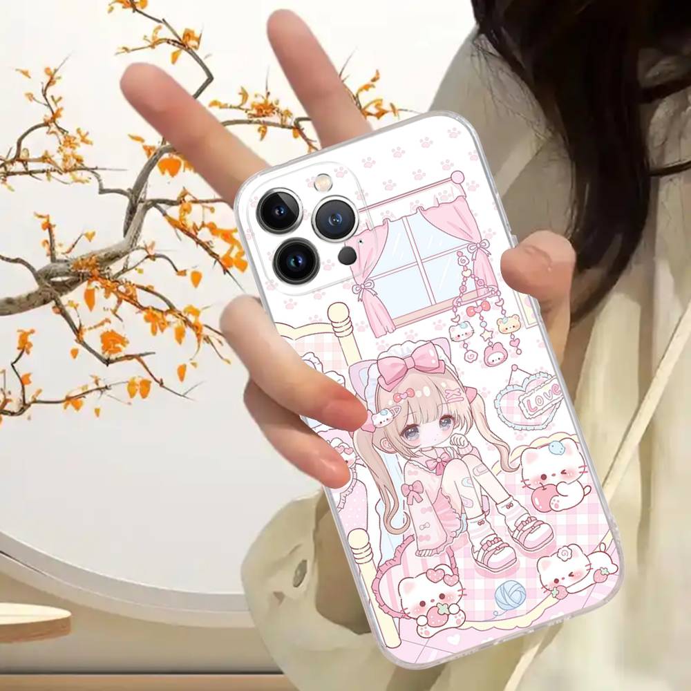 Cozy Pink Bedroom Anime Girl Phone Case For iPhone 17 16 15 14 13 11 12 Pro Max Mini Plus Shockproof Transparent Soft TPU