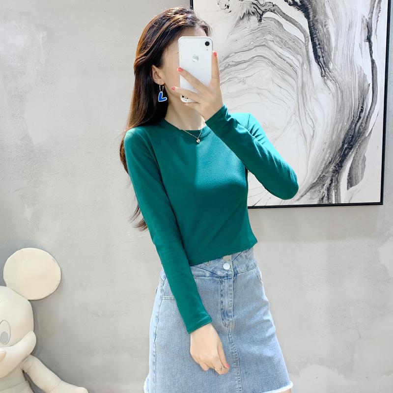 Sexy Black Cotton Women's Clothing O-Neck Long Sleeve Navel Autumn Base Women's Clothing Fashion Casual Ropa Mujer