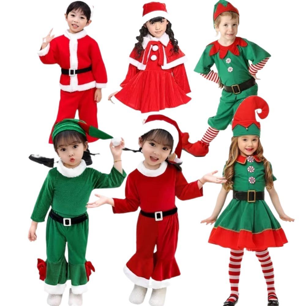 Red Santa Claus Children Christmas Clothes with Top Pants Hat Elf Outfits Performance Costume Set Soft Plush Cosplay