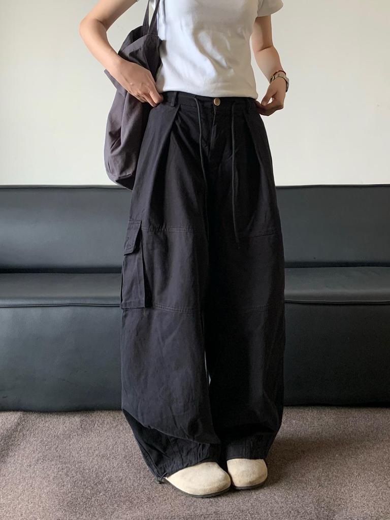 Unisex Summer Retro Wide-Leg Cargo Pants with Drawstring