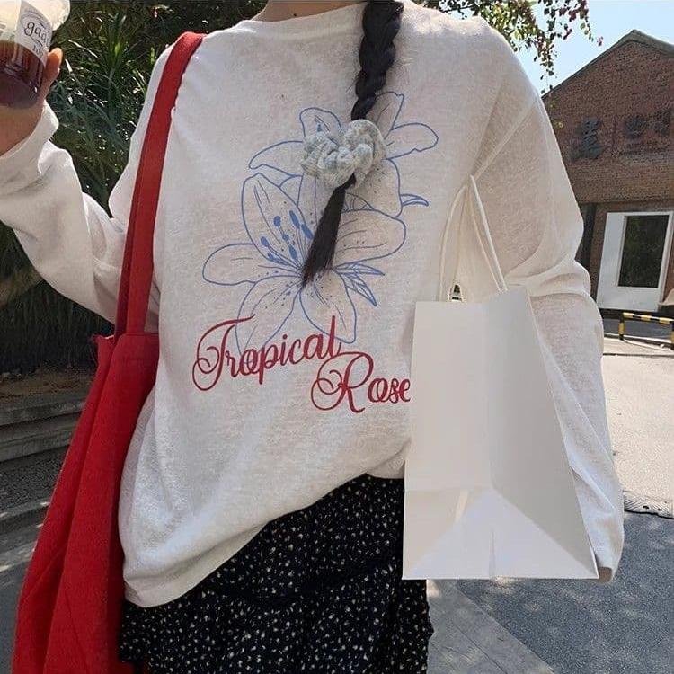 spring Summer flower printed Long Sleeve T-shirts Women's Casual oversized Thin Slightly Sun Protection Cover Tops White T Shirt