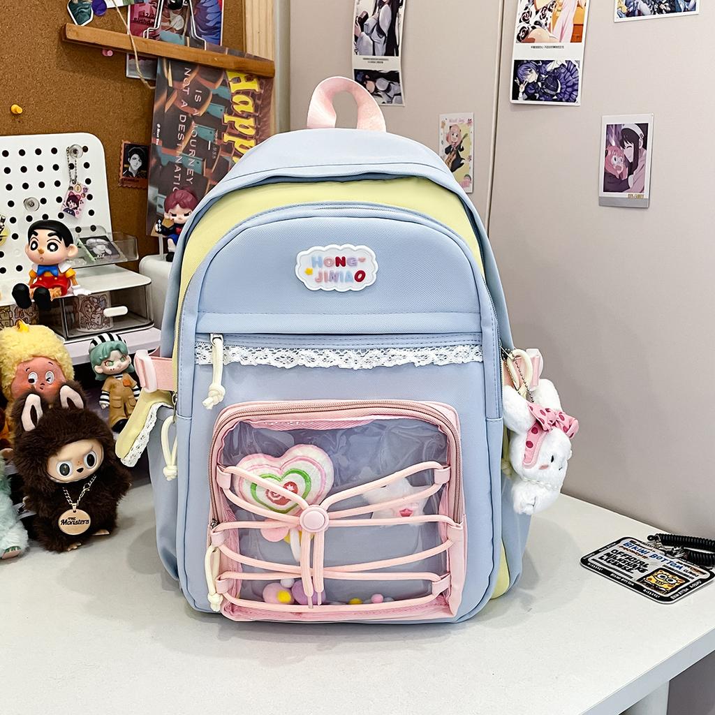 Schoolbag Japanese cute ins wind contrasting colors girl high value bar pain backpack sweet lace primary and secondary school backpack