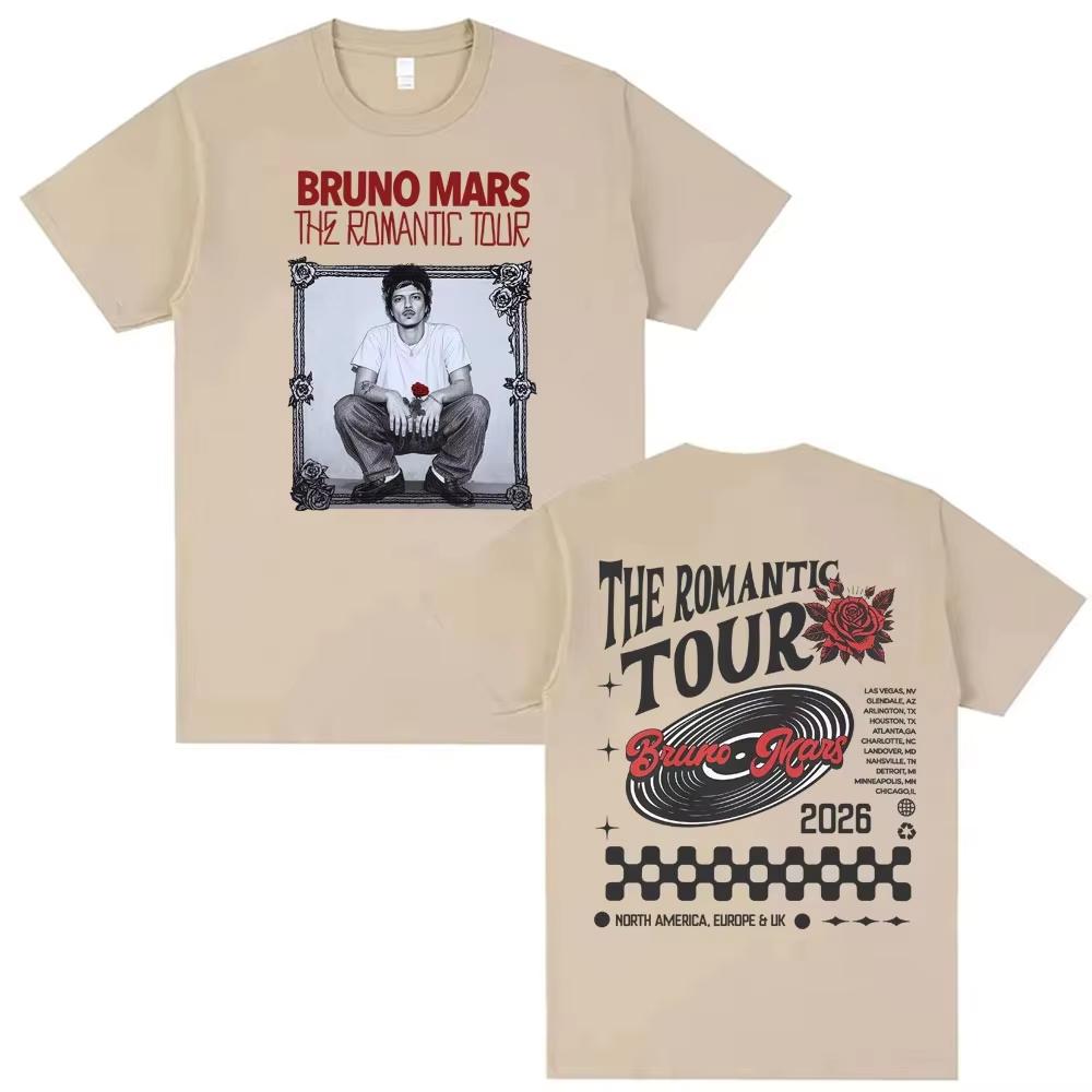 Bruno Mars A Turnê Romântica 2026 Camisetas com Estampa Frente e Verso Masculinas Femininas Hip Hop Punk Música Pop Camiseta de Alta Qualidade Camisas Confortáveis