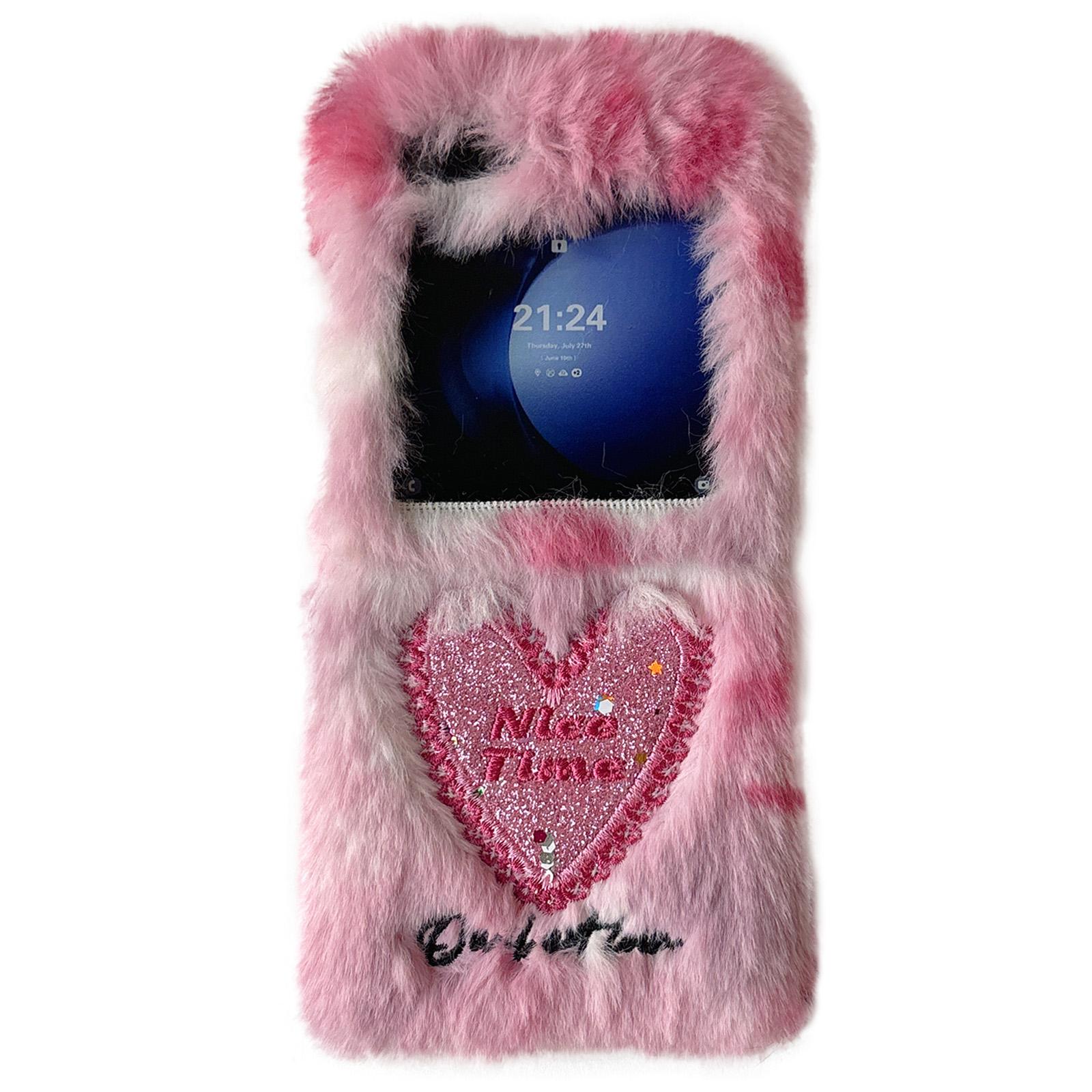 

KJS-013 For Samsung Galaxy Z Flip6 5G Case Glitter Heart Hard PC Warm Plush Phone Cover Pink