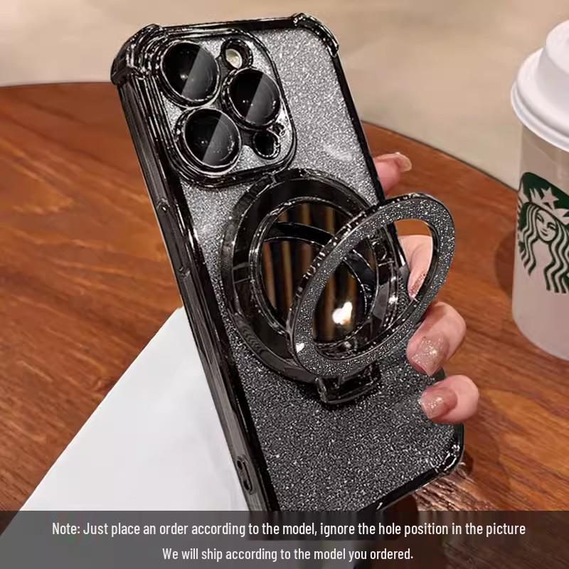 Compatible with iPhone 17/16 Pro Glitter Makeup Mirror Magnetic Stand Case, Airbag Drop-Proof for iPhone 14/15.