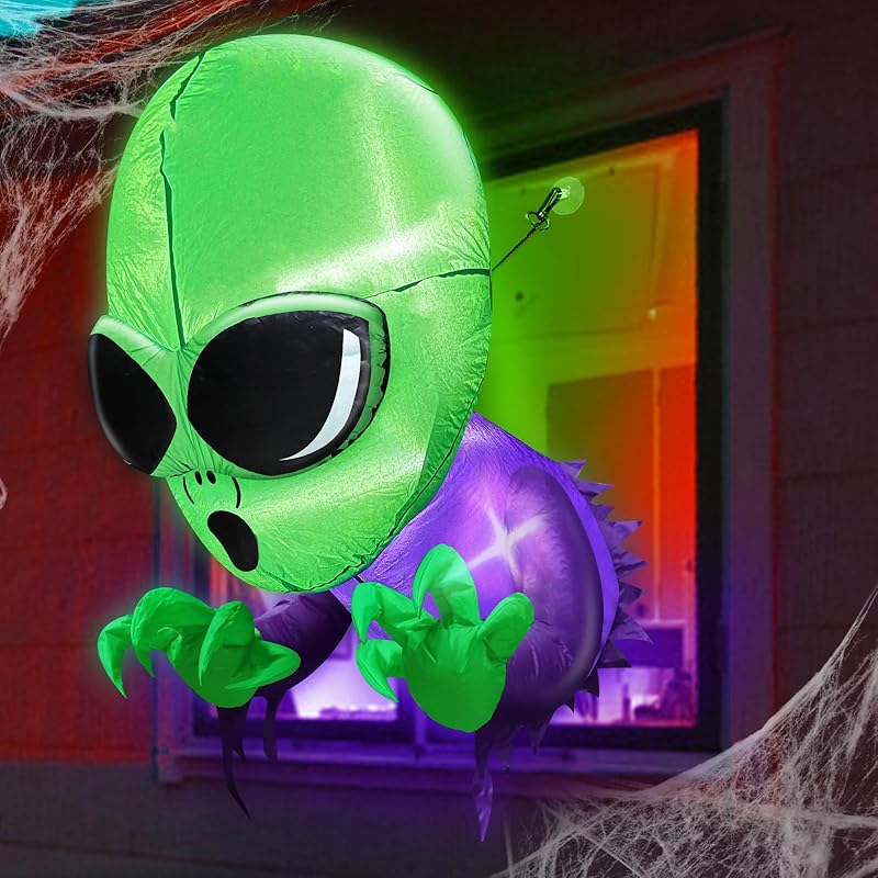 Halloween Decoration Inflatables Alien Broke Out from Window with Built-in LED Blow Up Inflatable for Scary Party Home Indoor Outside Yard Garden