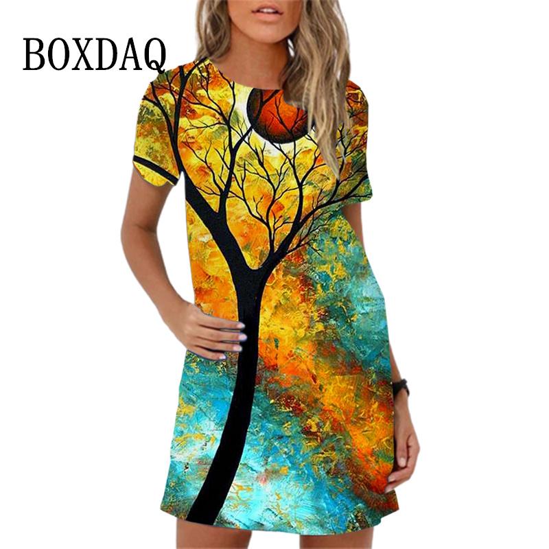 Colorful Feather Pattern Women Dress New Spring Summer Clothing Fashion Elegant Short Sleeve O-Neck Gradient Print Dresses