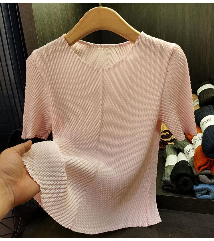 

Елегантна плісирована футболка з коротким рукавом Луска дракона , що робить фігуру стрункішою, для жінок – Універсальний літній топ однотонного кольору One Size