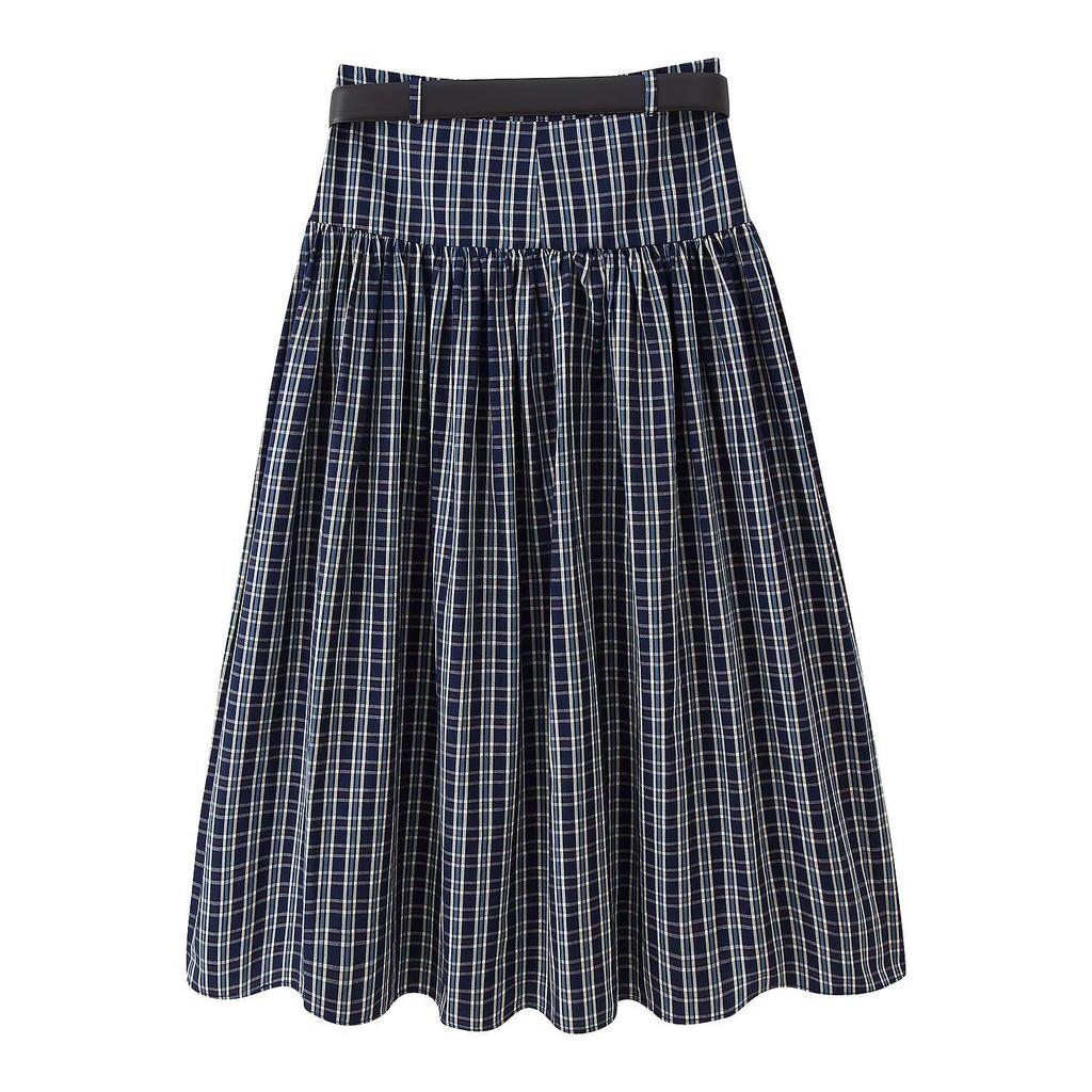 PB&ZA Women's Autumn European Style Plaid Midi Skirt with Belt
