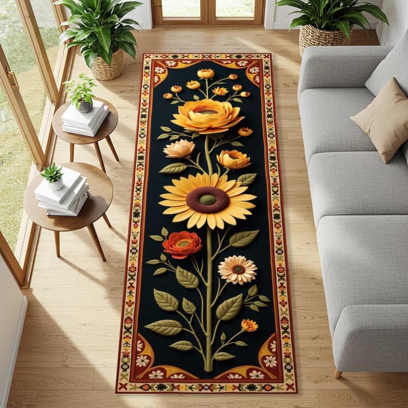 Lodestar Unisex Sunflower Runner Rug Cottagecore Floral Carpet Vintage Botanical Hallway Mat Anti-Slip Water-Absorbing For Entryway Living Room