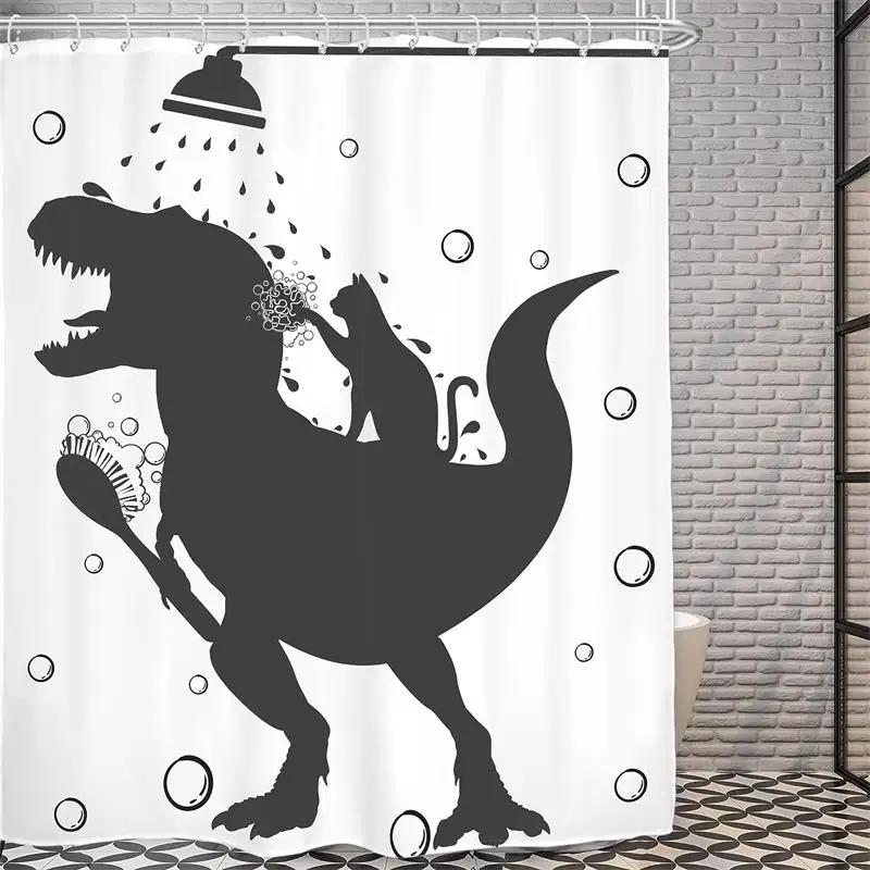 Lustige Katze reitet auf Dinosaurier Duschvorhang Niedliches Tier Meereswellen Surfbrett Kreatives Kinder Badevorhang Set Stoff Badezimmer Dekoration Polyester Fenster