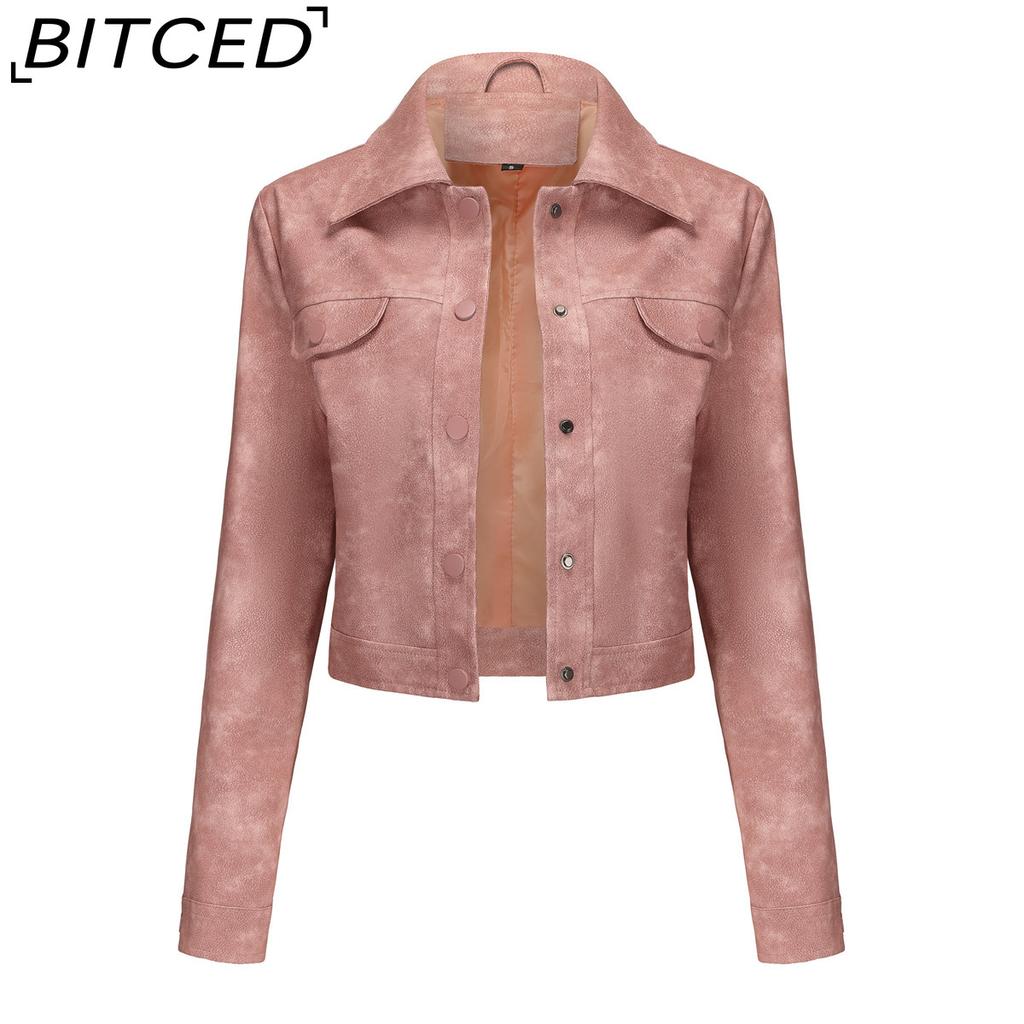 BITCED Spring/Autumn Lightweight Leather Jacket for Women Multi-Pocket Cardigan Style Casual Jacket Fashionable Trendy Everyday Outerwear