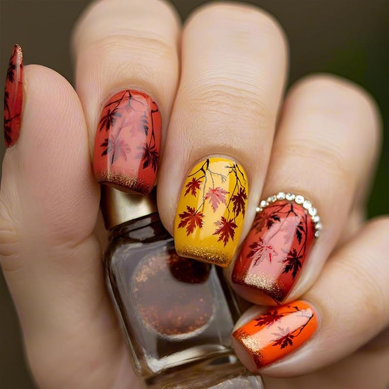Fall Press On Nails Medium Square Fake Nails with Designs Maple Leaf Stick On Nail Thanksgiving Acrylic False Nail Bling Sequins Artificial Nail