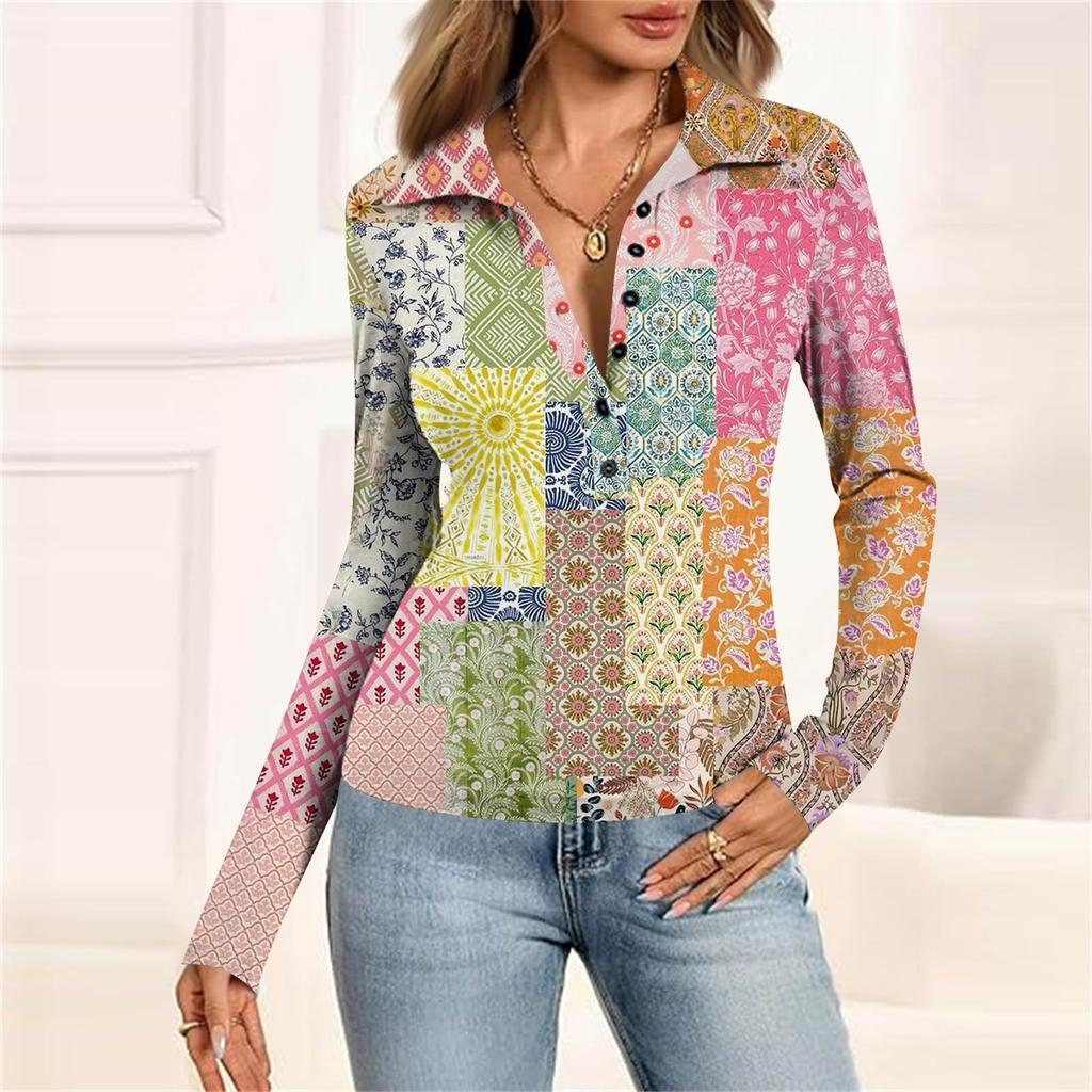 Damenmode Lässig Bedrucktes V-Ausschnitt Langarm Knopfleiste Oberteil