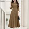Women Casual Turn Down Collar Long Sleeve Loose Dress