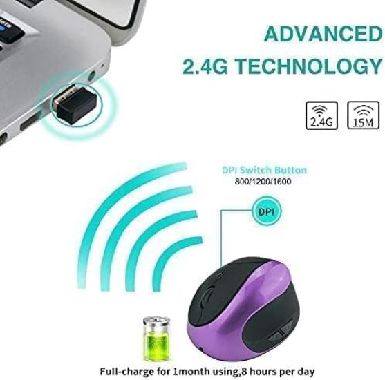 BeWishes Ergonomic Vertical Mouse, Wireless 2.4G High-Precision Rechargeable Ergonomic Optical Mouse with Adjustable DPI 80012001600, Reduces Wrist