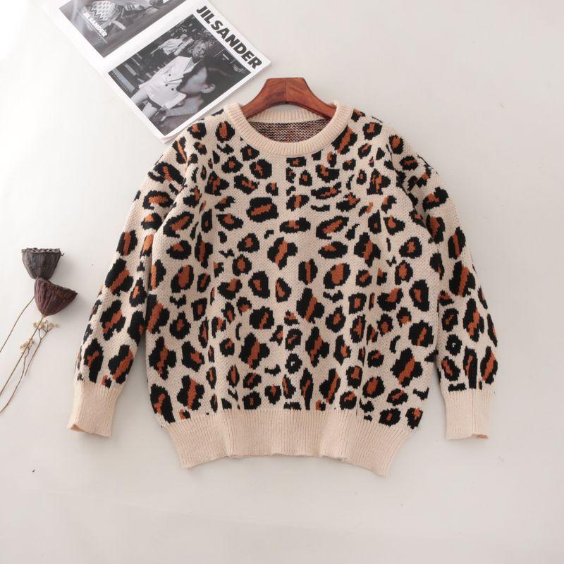 Export round Neck Leopard Print Long Sleeve Knitwear Women's Fall and Winter New Arrival Loose Thick Bottoming Shirt Tops