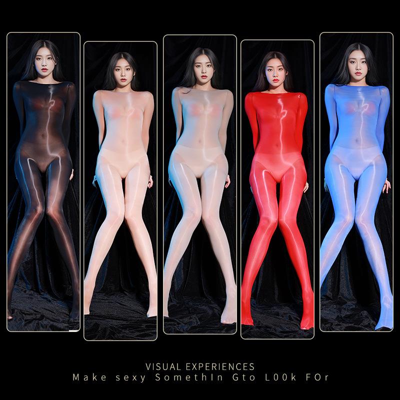 Sexy Glossy One-Piece Stockings Transparent Ultra-Thin with Penis Sleeve Erotic Silky Temptation Open-Crotch Full-Body Suit for