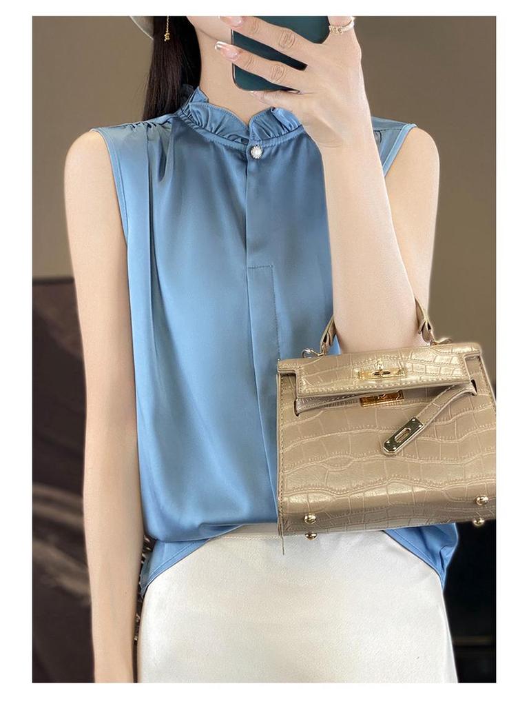 Women's Satin Sleeveless Tank Top with Lace Ruffle Stand Collar