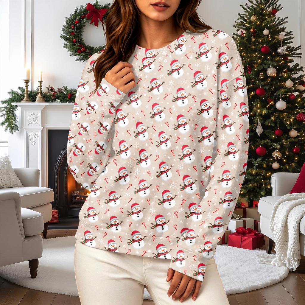 Women's Casual Christmas Print Crewneck Sweatshirt Long Sleeve Top for Holiday Wear