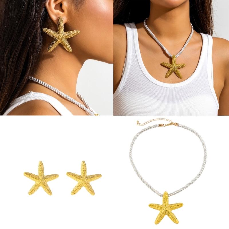Fashion Starfish Pendant Necklace Earrings Beach Clavicle Chain Simple Choker Earrings Jewelry Braided Rope Neck Chain