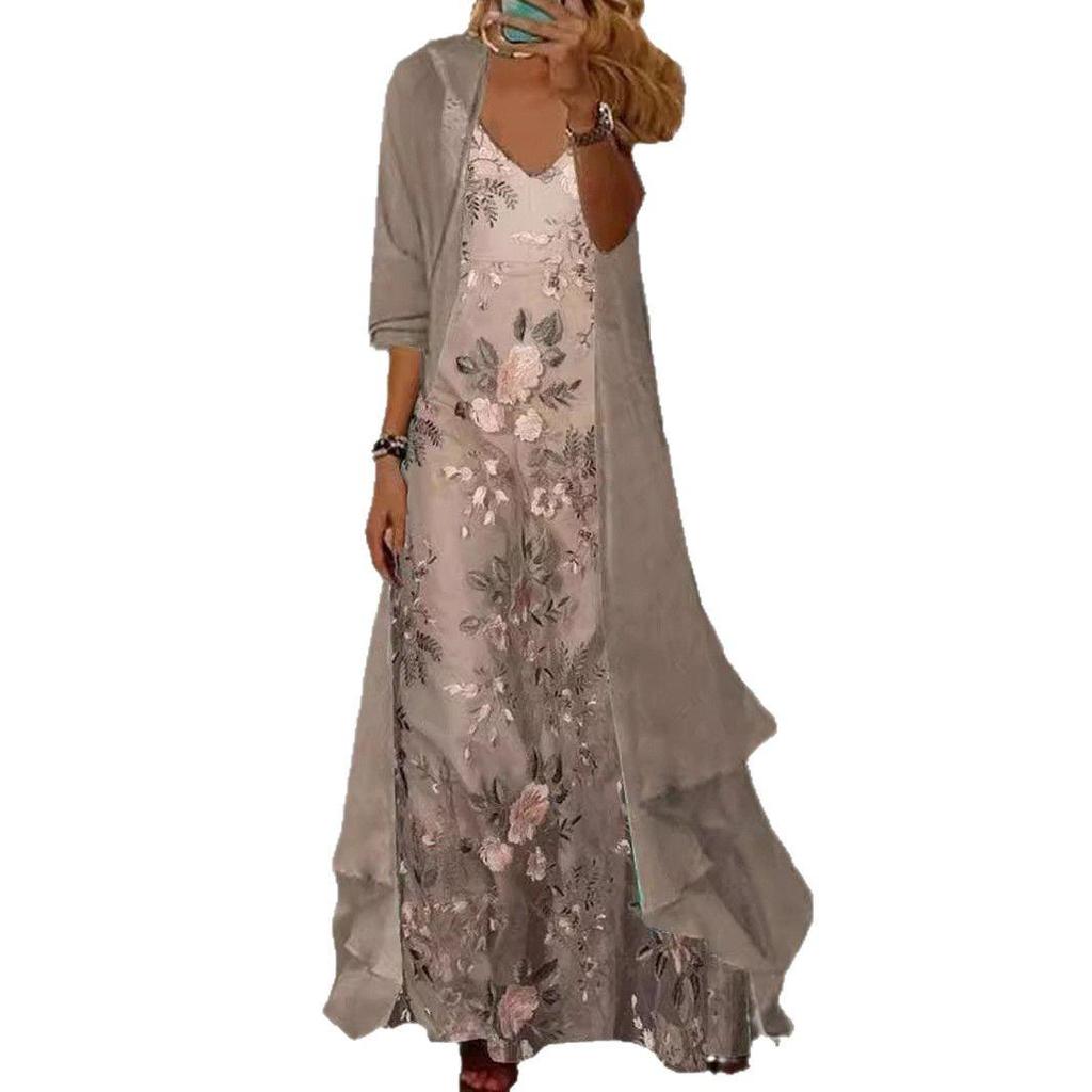 Elegancka europejska i amerykańska retro długa sukienka z haftem w serek dla kobiet