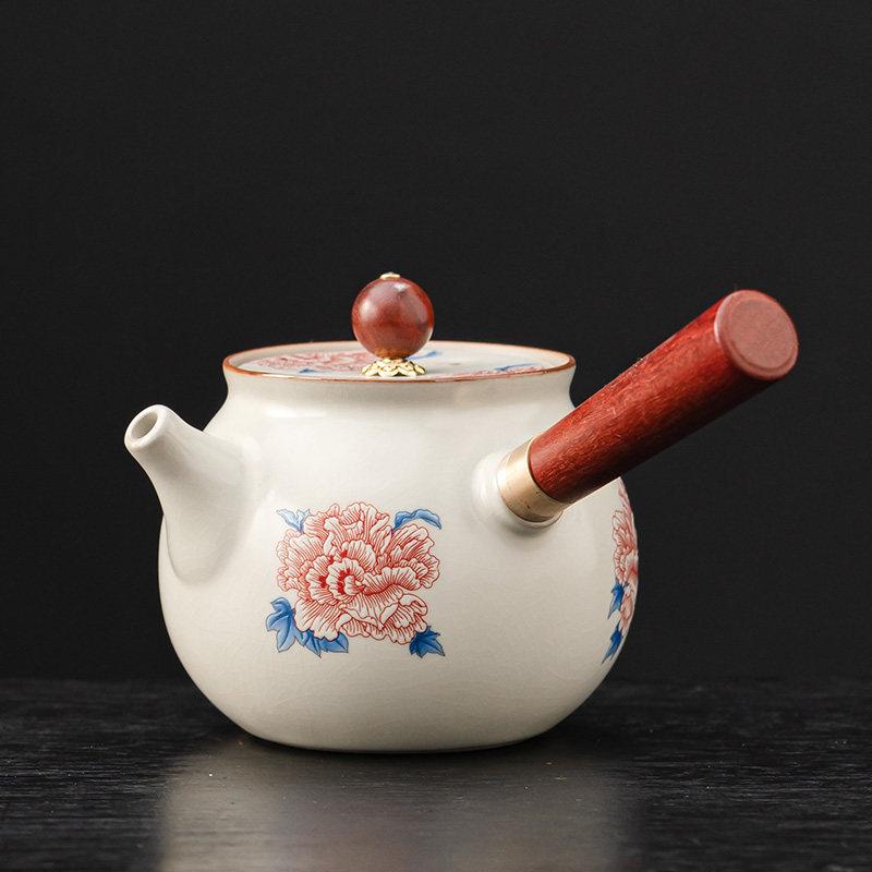 Elegant Ru Kiln Hibiscus Teapot Set: Includes Beige Side-Handle Pot, Lid, Bowl, Filter Screen, Tea Wash Pitcher, Gong Dao Bei for Gongfu Tea.