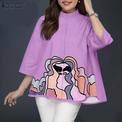 Women Loose O-neck 3/4 Sleeve Casual Print Blouse