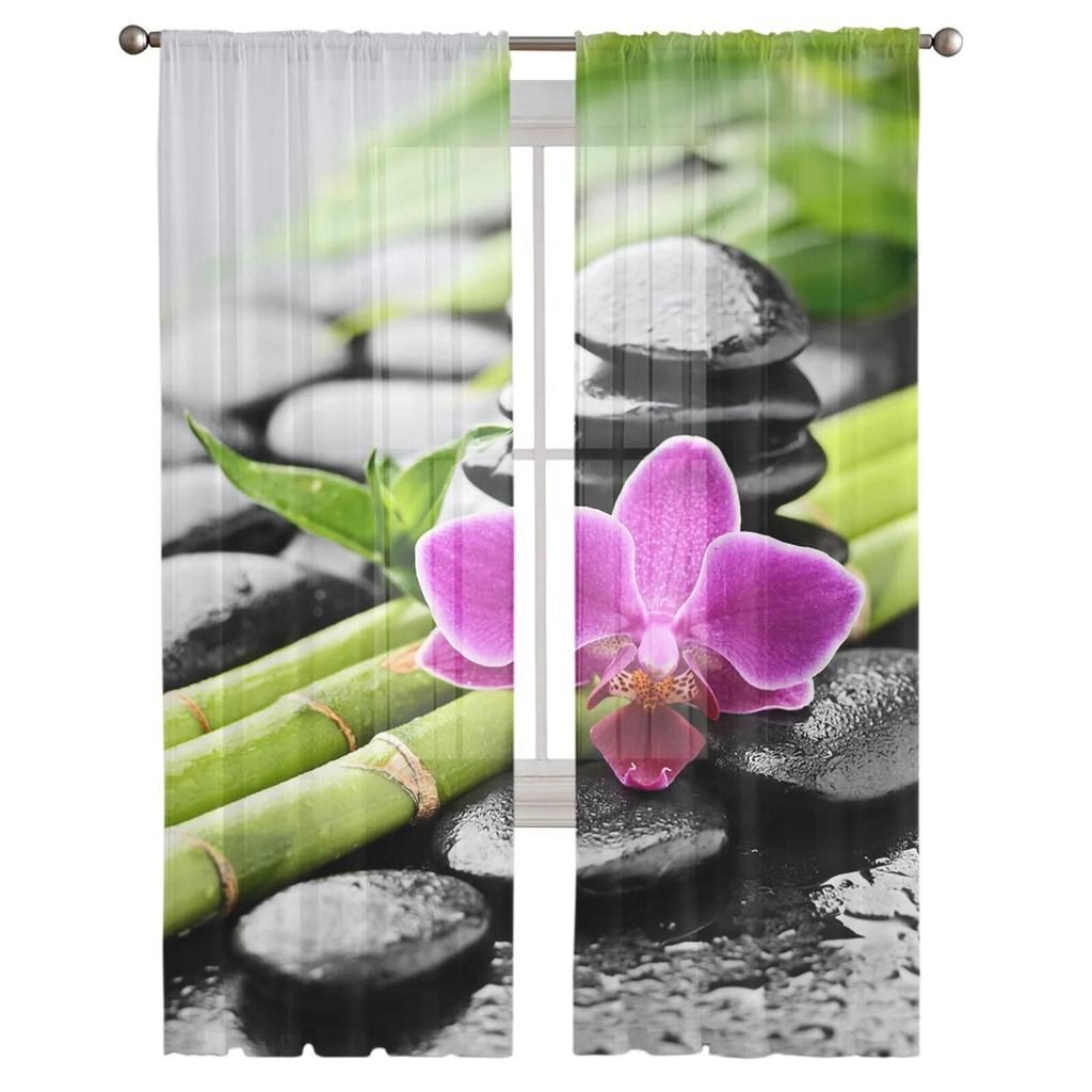 Orchid Dewdrop Zen Stone Modern Printed Tulle Curtains for Bedroom Balcony Window Decor Creative Fashion Home Sheer Curtain