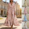 Women's Floral Print Pleated Maxi Dress V Neck Long Sleeve Wedding Guest Dress Spring Flowy Party Cocktail Dress