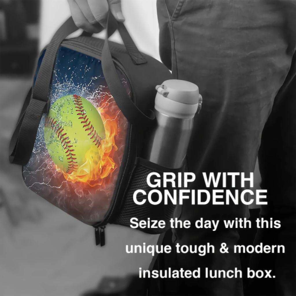 Yellow Baseball Ball In Fire And Water Insulated Thermal Lunch Bag for Kids Washable Tote Lunch Container for School Travel Work