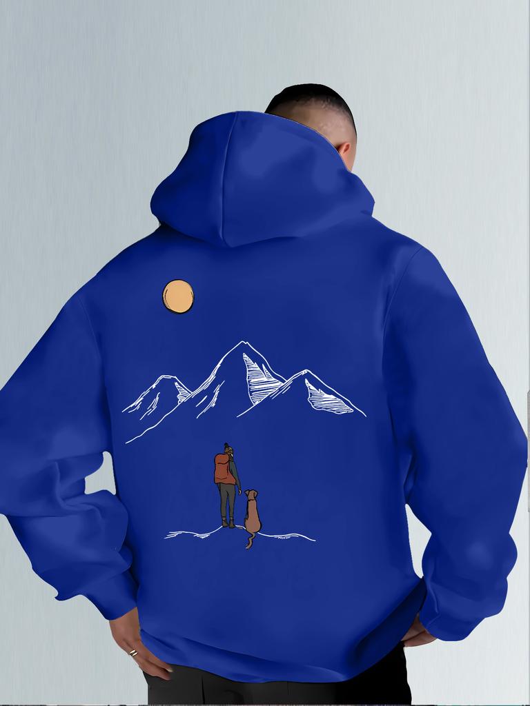 Men's Hooded Sweatshirt with Mountain Map Pattern on The Back. Warm Winter Hooded Pullover Suitable for Hiking Camping Daily Use