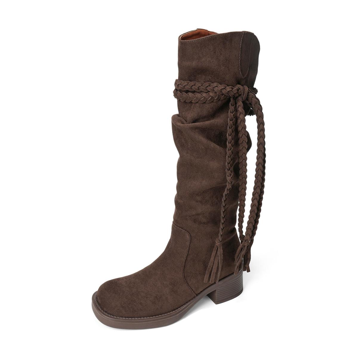 

Увеличение роста 5,5 см египетские сапоги~ коленная кисточка толстый каблук рыцарские высокие сапоги западные ковбойские сапоги женские сапоги на меху 41 кофейный