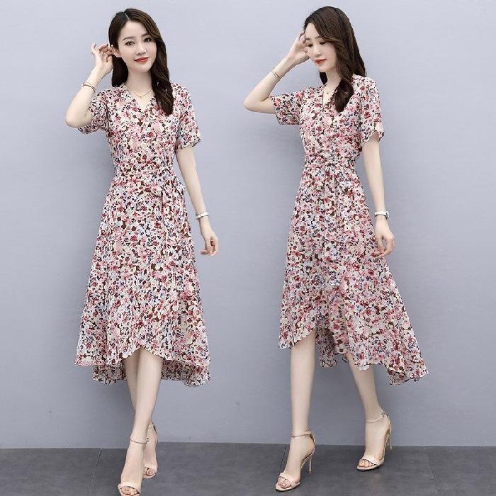 Plus Size Women's Floral V-Neck Tie-Waist A-Line Summer Dress with Irregular Hem