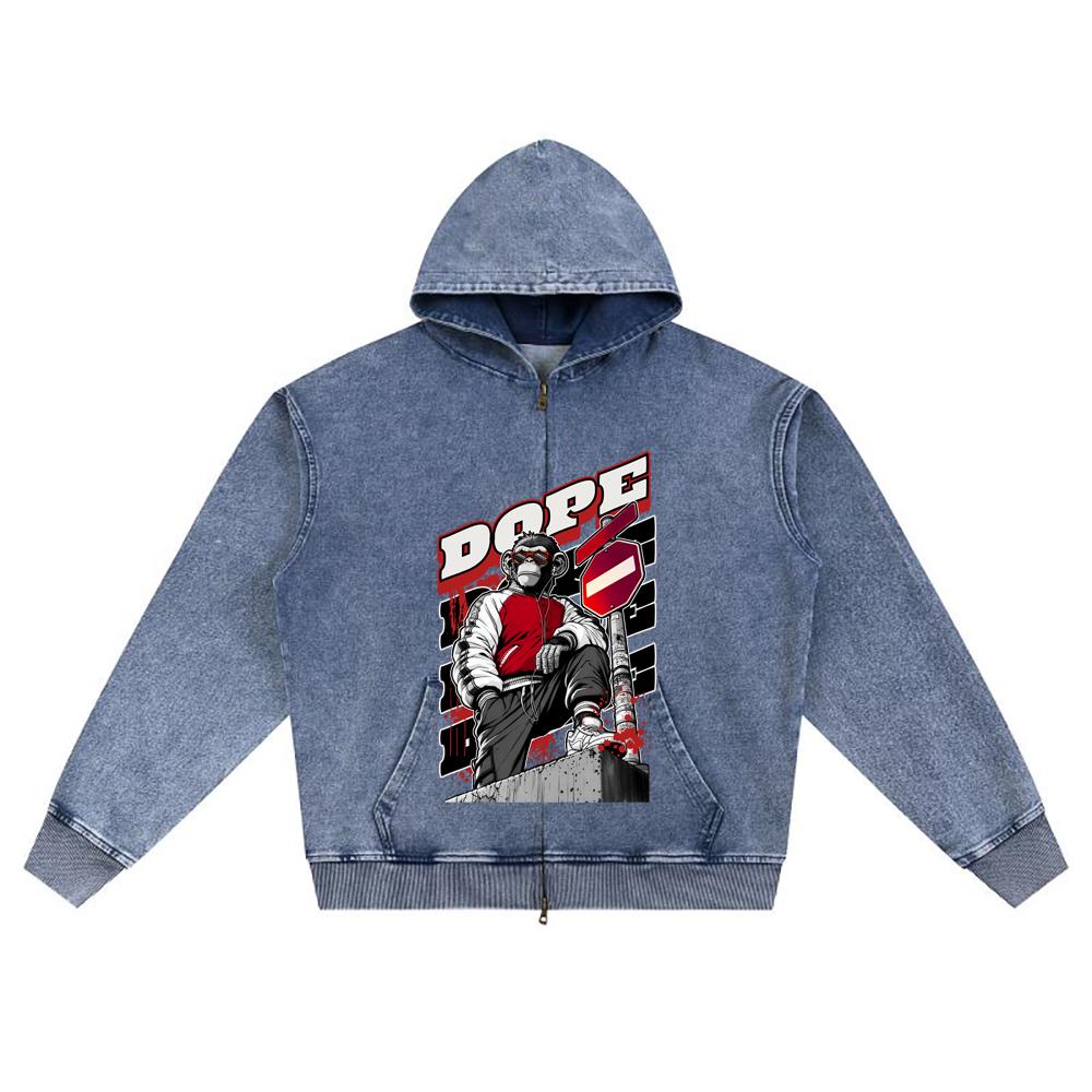 DTG print Knitted Denim Zip-Up Hoodie Dope Brother Print Zipper Hoodies  