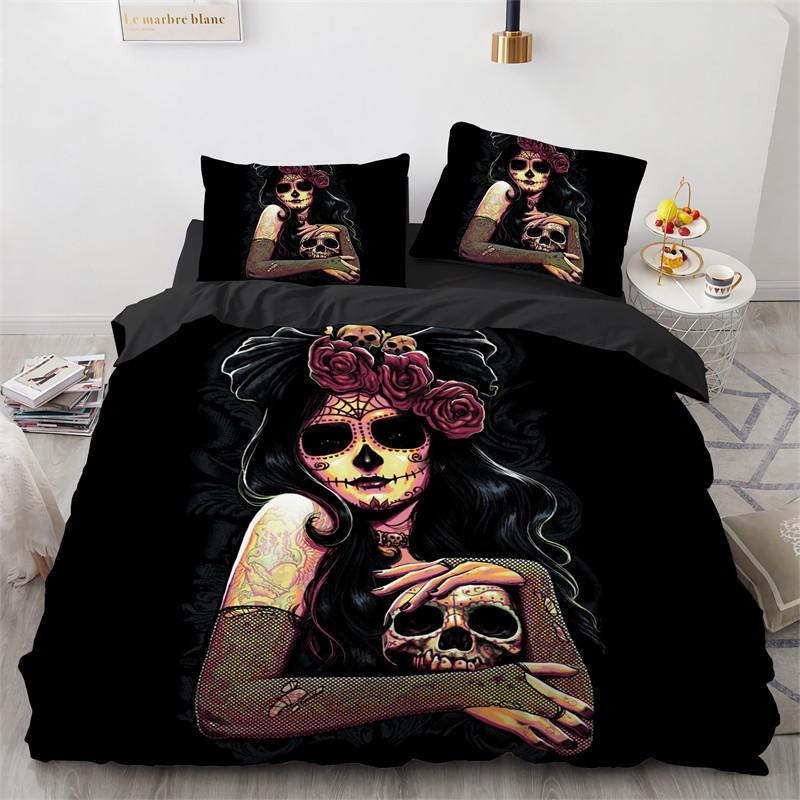 Skull Girl Day Dead Bride Dark Color Roses Bedding Set Boys Girls Twin Queen Size Duvet Cover Pillowcase Bed Kids Adult