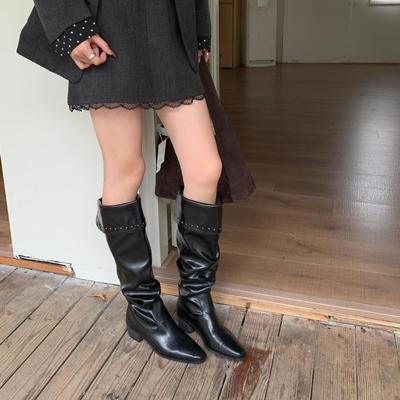 Bottes hautes à talon épais carré plié pour femmes automne et hiver 2025 nouveau rétro niche Maillard bottes de cowboy western