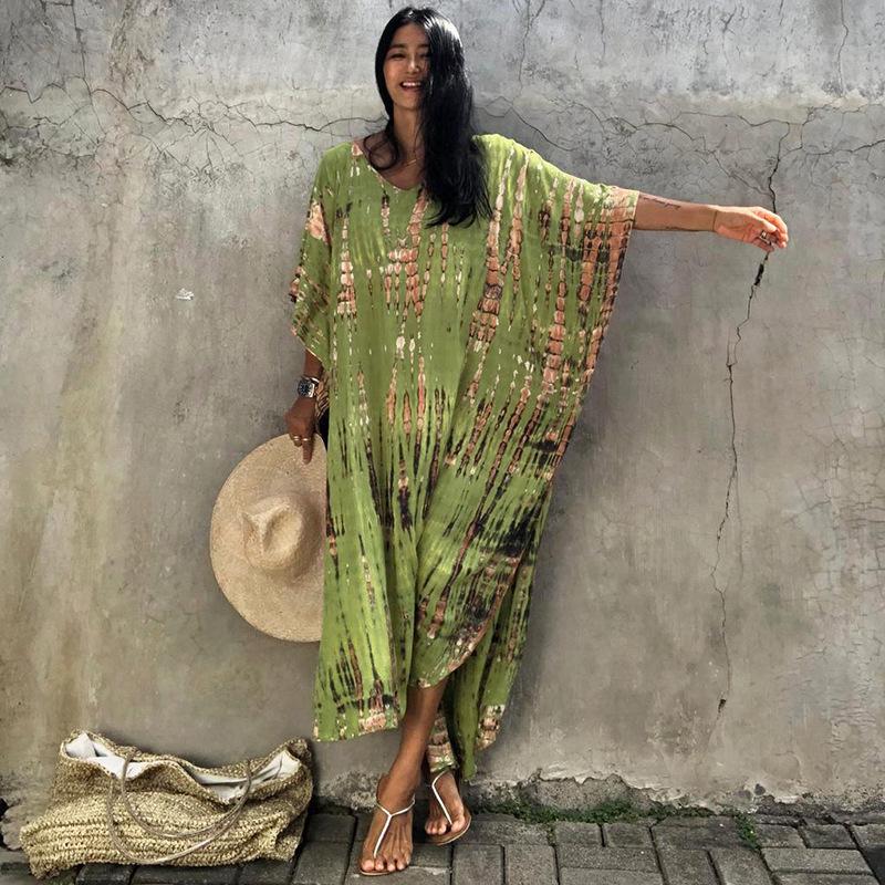European & American Tie-dye Rayon Beach Dress: Loose, Long Seaside Vacation Robe & Bikini Cover-up with Sunscreen Shirt for Women
