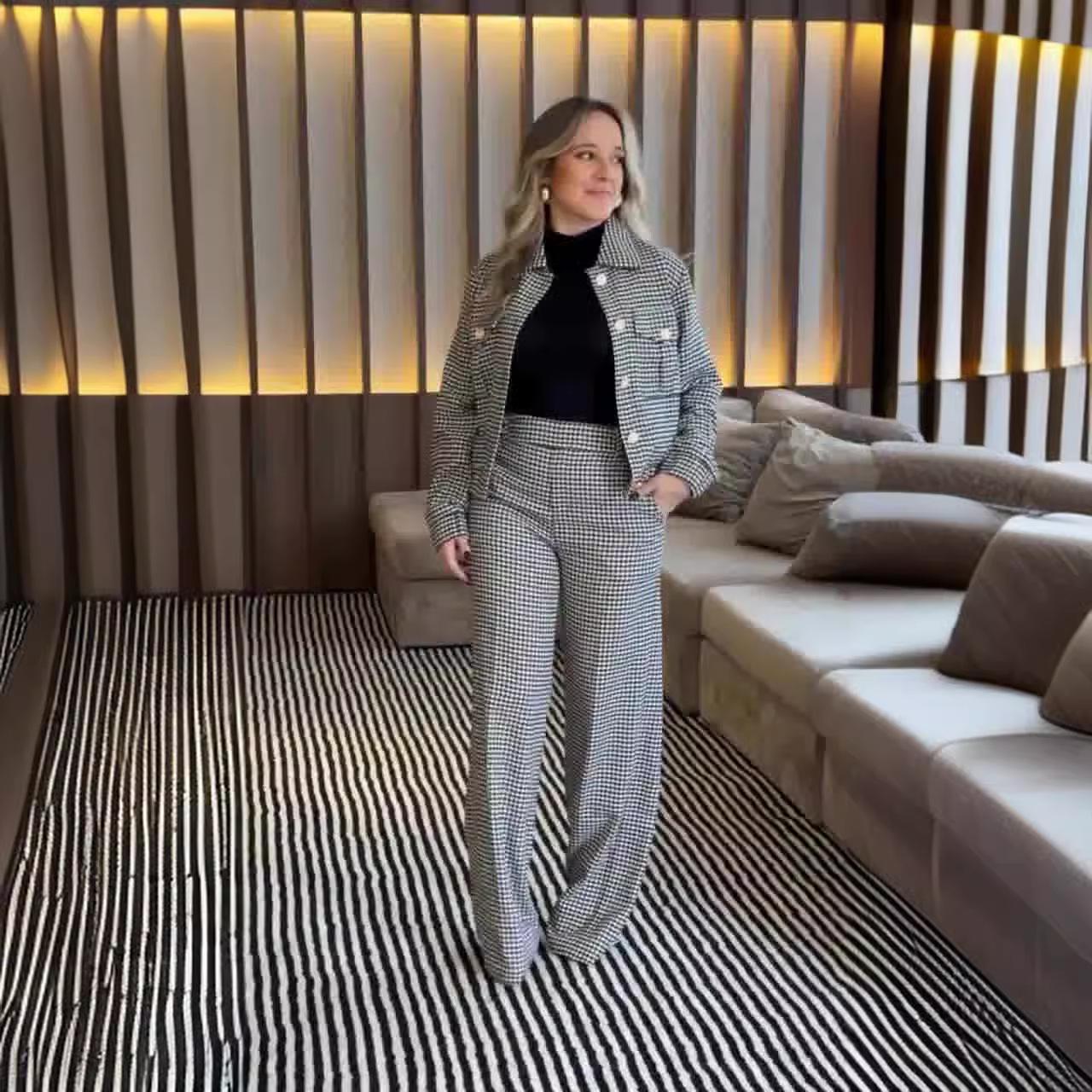 

2024 Осень Европейская и американская мода Принт птиц Женский комплект для работы из двух частей XXL