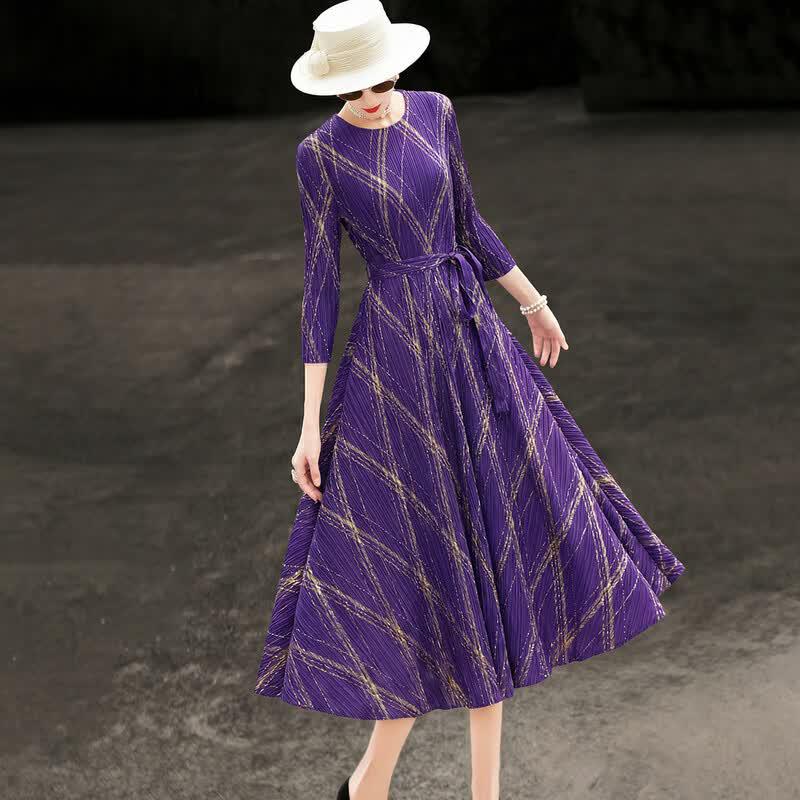 Lanseer 2026 Summer French Elegant Belted Pleated Print A-line Dress One Size